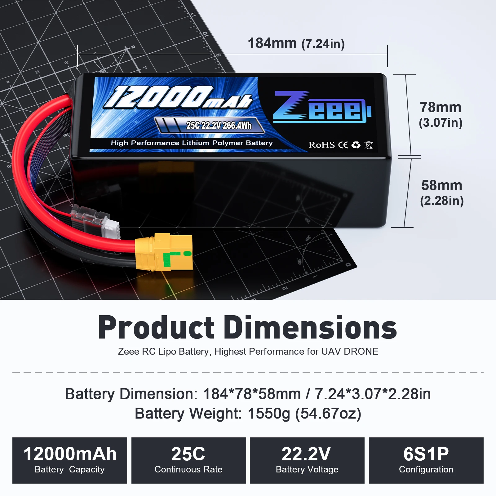 Zeee FPV Lipo Battery 6S 22.2V 12000mAh 25C Soft case Drone Battery With XT90-S Connector RC Drone Battery