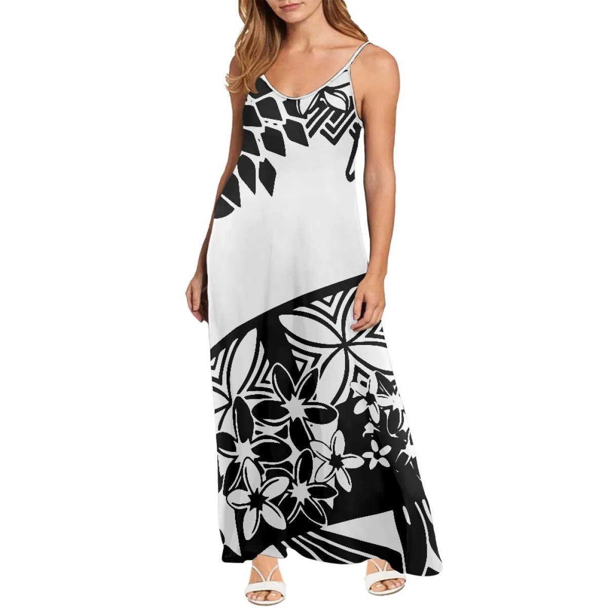 Print On Demand Shapewear Slip Dress Fashion Trendy Pattern Polynesian Tribal Frangipani Print Custom Spaghetti Strap Dress