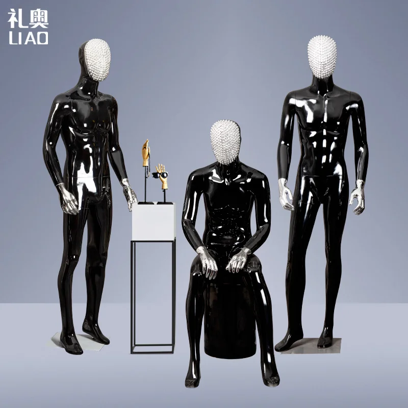 Fiberglass full body man size Red yellow change chrome face chrome Hands abstract attractive male dummy business suit display ma