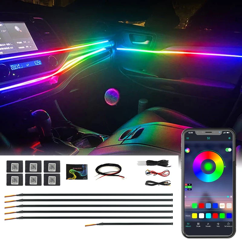Qeedon Customizable 12V Interior Car Ambient Decorative Lights APP Remote Unity Control Flow Chasing LED Fiber Optic Lights