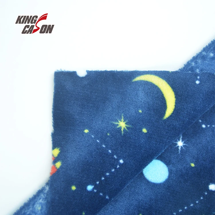 Kingcason OEM Custom Space Pattern Printed Blue Recycled 230gsm 240gsm 1.6m Coral Flannel Fleece Fabrics For Winter Home Textile