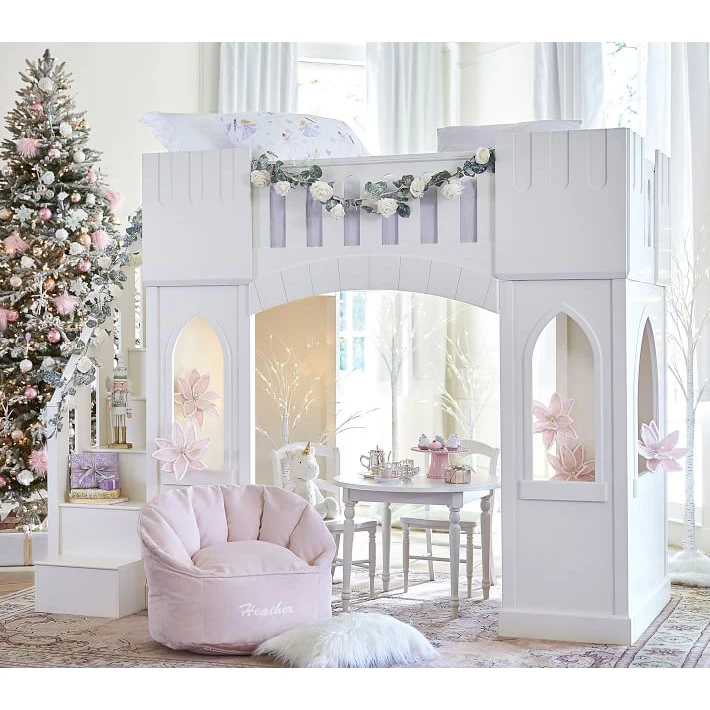 Sampokingdom Factory price pretty girl queen  princess house Children Castle wood bed  with storage drawers in sleeping room