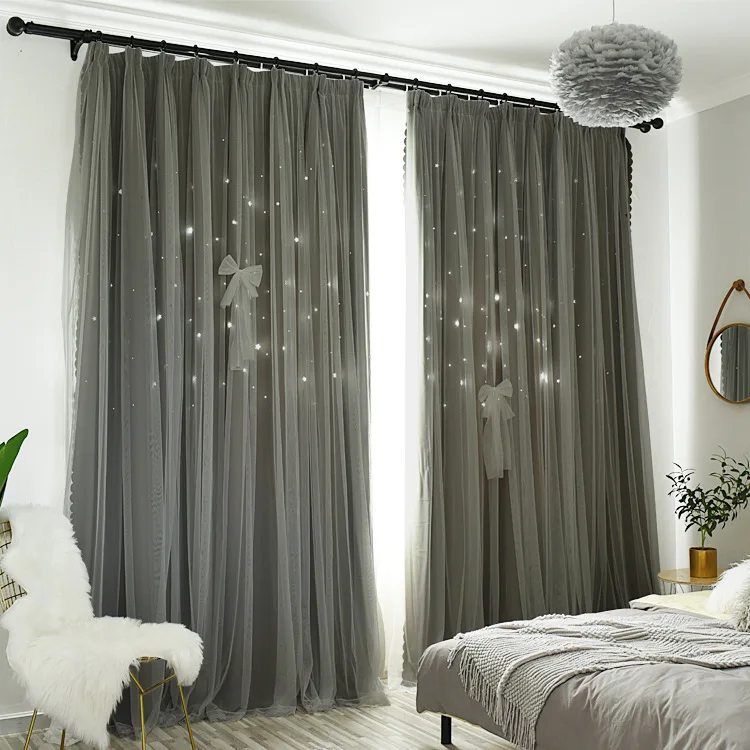 Double Lace Hollow Star Curtain Princess Wind Mesh Bedroom Living Room Blackout Curtains for Bedroom Kids Room