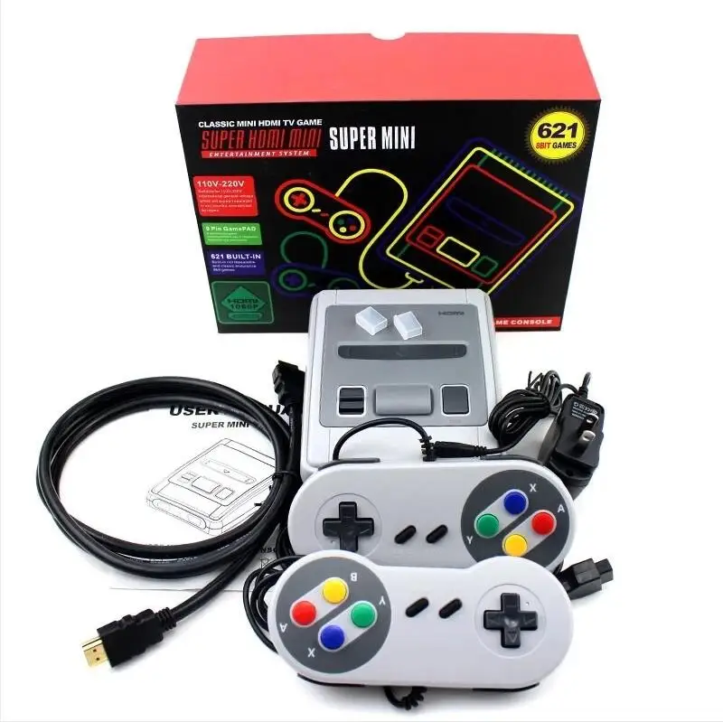 Популярная супер мини игровая консоль SFC, 8 бит, Классическая Мини-игровая приставка HD TV, 621 встроенных игр с двумя геймпадами