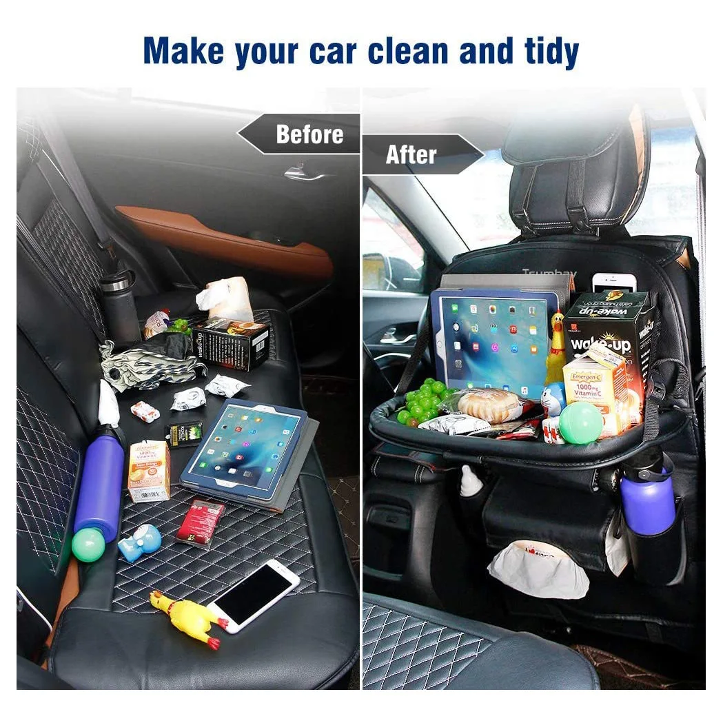 High Quality  Universal Foldable Pu Leather Car Back Seat Organizer With Tray Direct Selling Car Back Seat Storage Bag