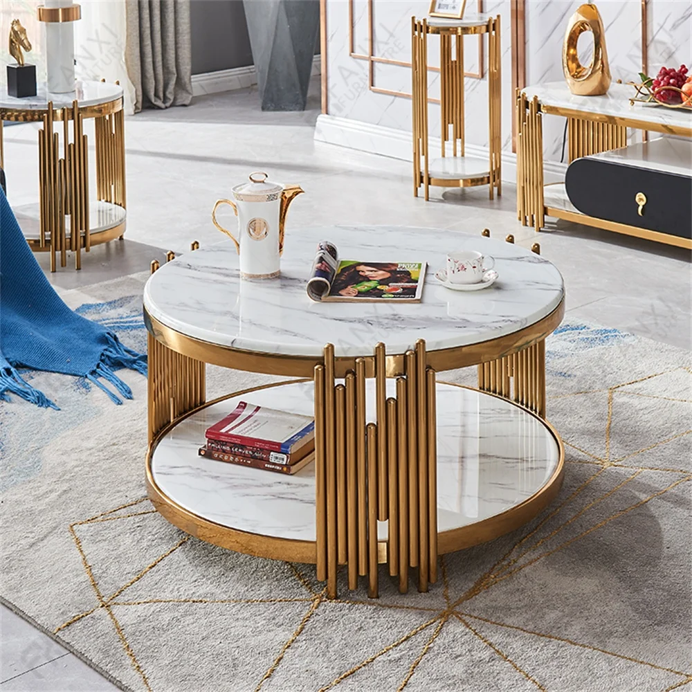 Living room furniture gold stainless steel coffee table glass top round luxury modern coffee table coffee tables