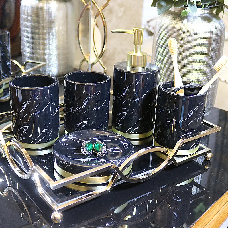 Hotel ceramic Bathroom Set Accessories, Marble Effect bathroom accessory set Sanitary Ware Suite