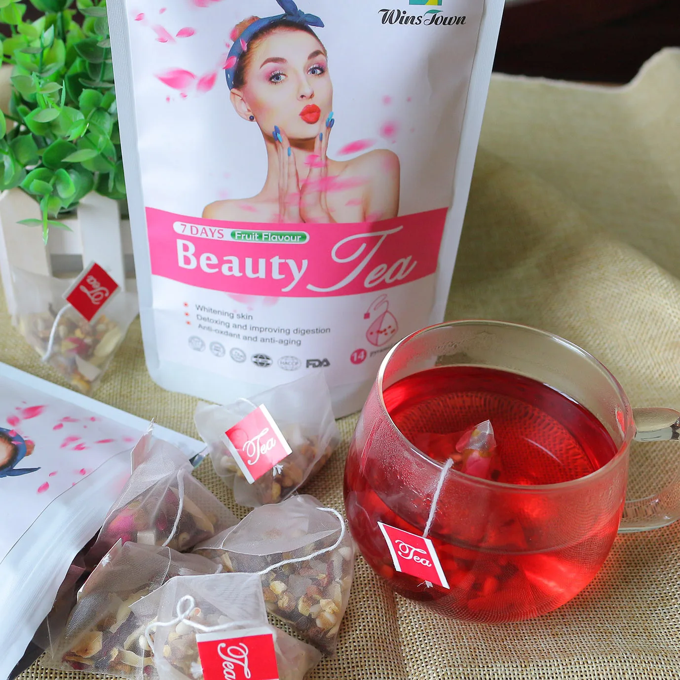 Winstown 7 day beauty tea Pyramid bag private label skin whitening glow tea natural herbal anti aging lightening tea