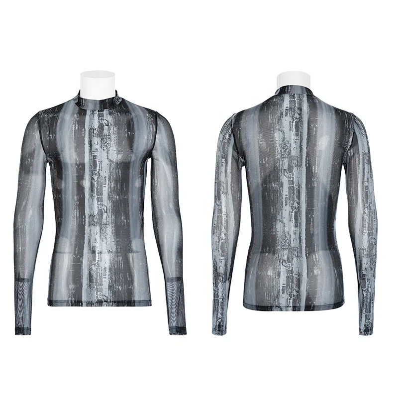 PUNK RAVE WT-751TCM Men Tight Fit Long Sleeves T-shirt  Elastic Gauze Abstract Printing Translucent O Neck Sexy Man Basic Top