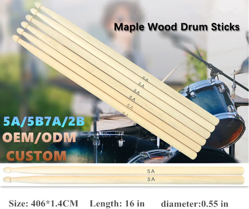 Professional Solid Birch Musical Instruments Accessories Set Custom Logo 5A 5B 7A 2B Drumsticks Recording Use Aluminium Material