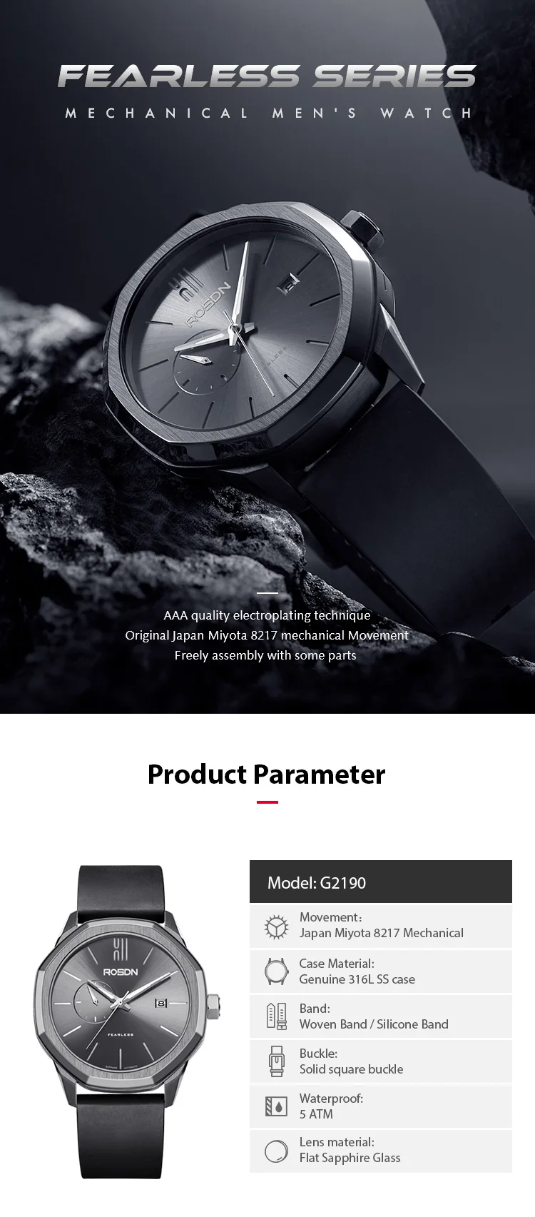 Special  316L Stainless Steel Pocket Rubber Strap Auto Miyota Movement 50 BAR Water Resistance Luxury Mechanical Watch