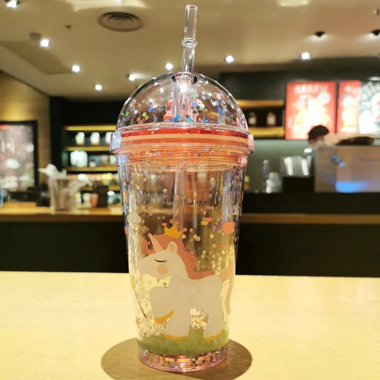 2021 New Summer Cold Straw Cup Cute Sequin Unicorn Water Bottles For Girl