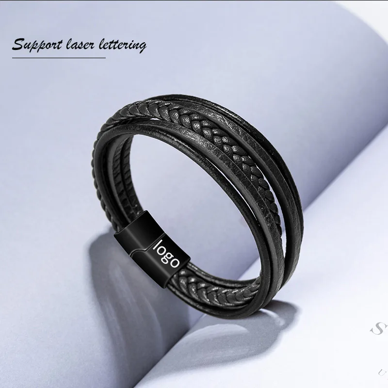 
Simple Multilayer Stainless Steel magnetic Clasp fashion Mens Jewelry leather bracelet 