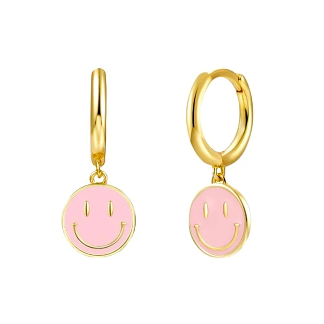 Cute Colorful Enamel Smiley Face Round Shape Hoop Drop Earrings Happy Email Smile Earrings Jewelry