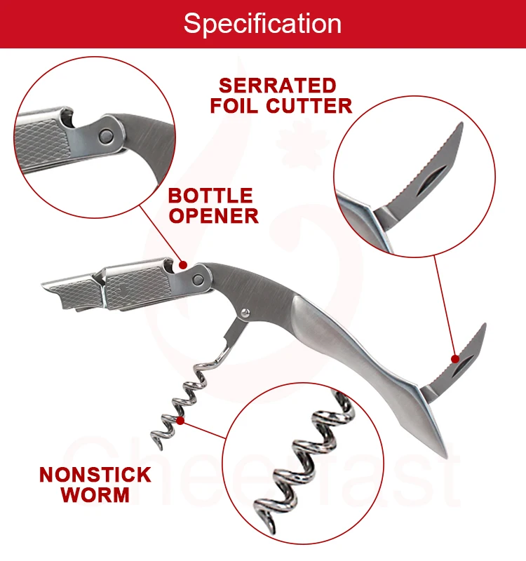 High Quality Metal Handle Spring Loaded Win Bottle Cork Screw Opener Stainless Steel Waiters Corkscrew Witn Serrated Foil Cutter