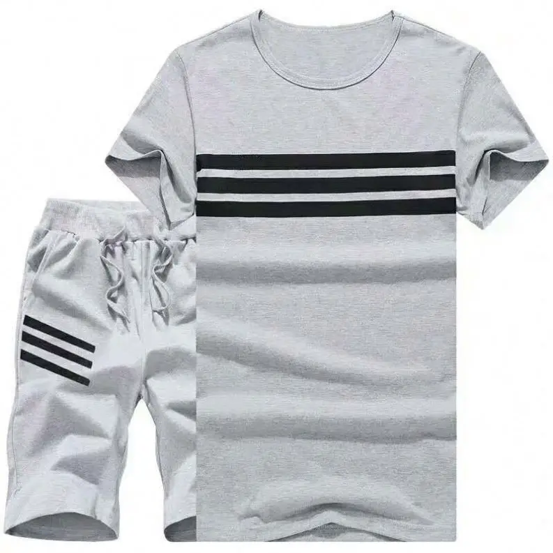 
Summer Men Striped Two Piece Sport Suit Set Short Sleeve gym T shirt Shorts men shorts and shirt set 