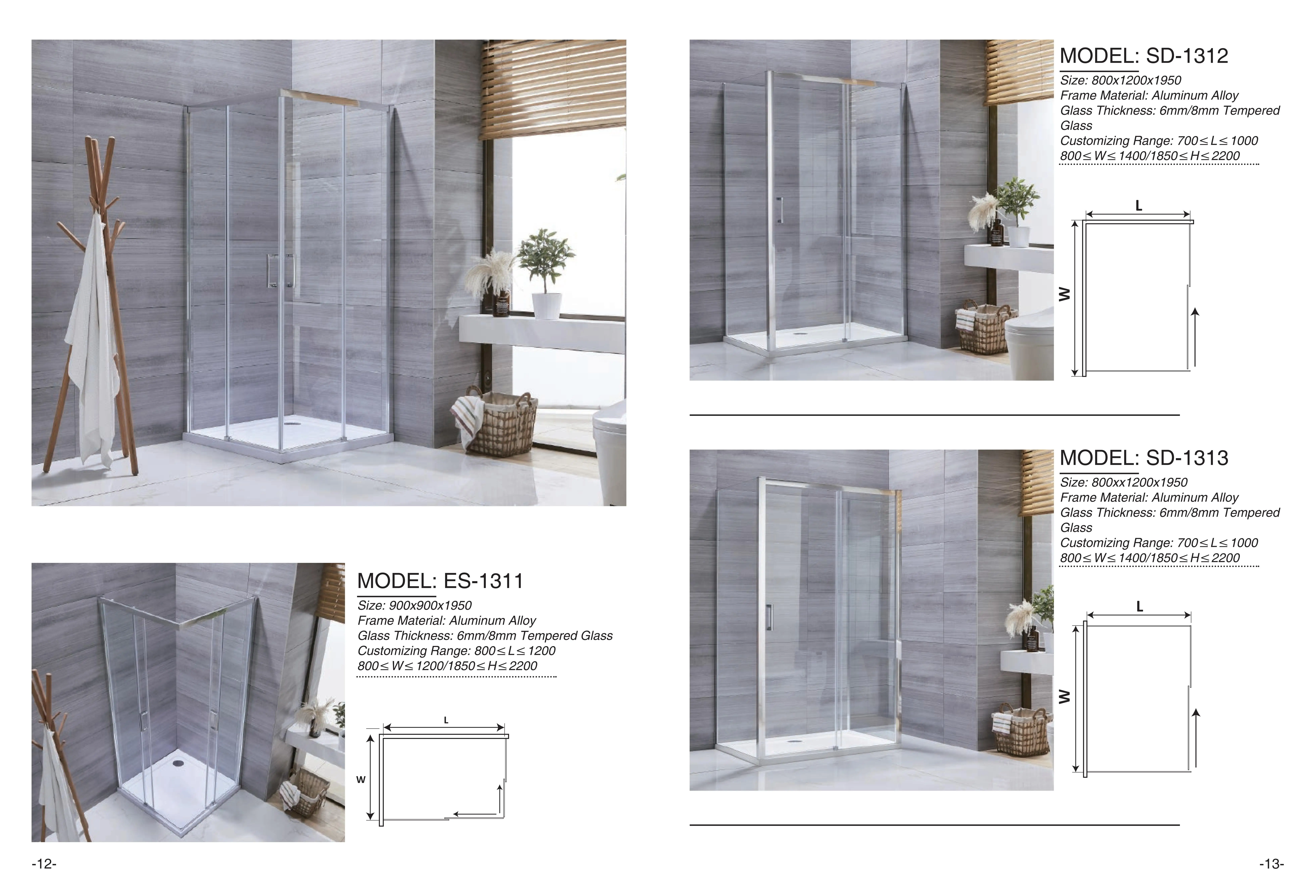 Custom aluminium alloy shower door 2 door 6mm sliding shower rooms tempered glass bathroom shower enclosure