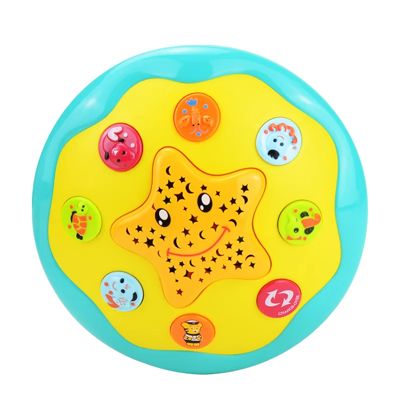 Multi-Functional Cartoon Animal Musical Carousel Music Instrument Hand Drum Toy Ocean Rotating Light up Drum Toys