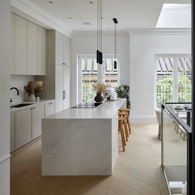 Simple modern style kitchen cabinet Cream white cupboard marble table island easy to assemble ambry
