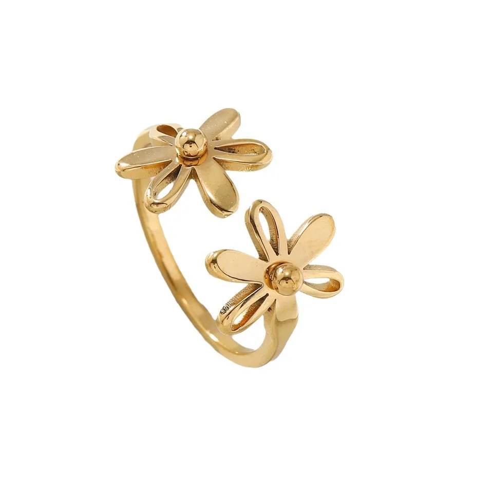 Wholesale Custom 18K Gold Plated Stainless Steel Fashion Ring Big Flower Design Opening Ring Women Delicate Personality Jewelry