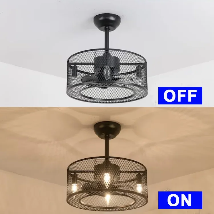 Caged Invisible Ceiling Fan Lighting Modern Industrial Low Profile Enclosed Black LED Indoor Chandelier Ceiling Fan with Light