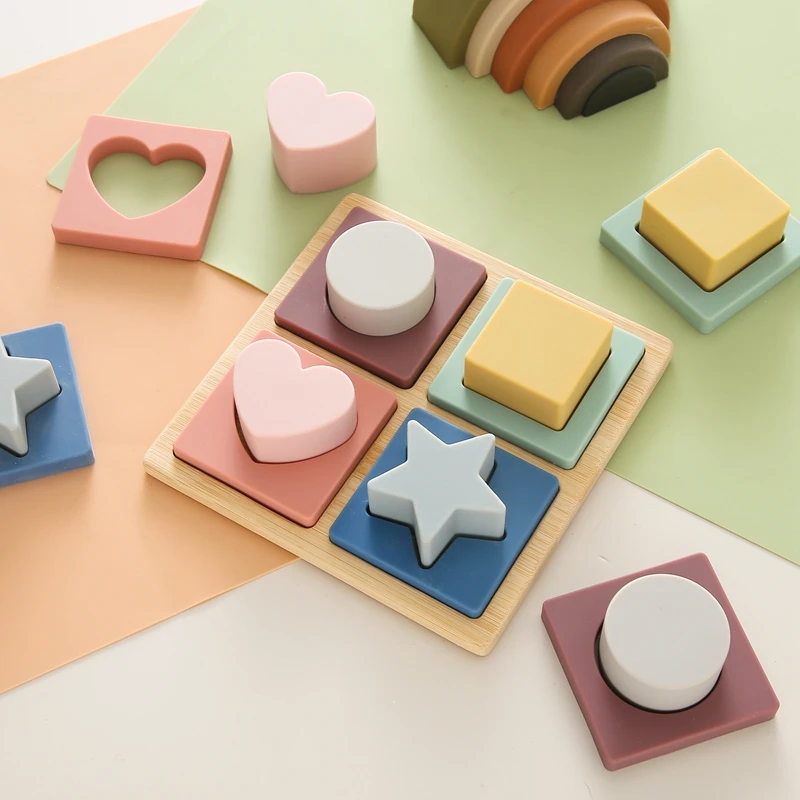 Chewable Silicone Bamboo Wood Shape Recognition Puzzle Toy