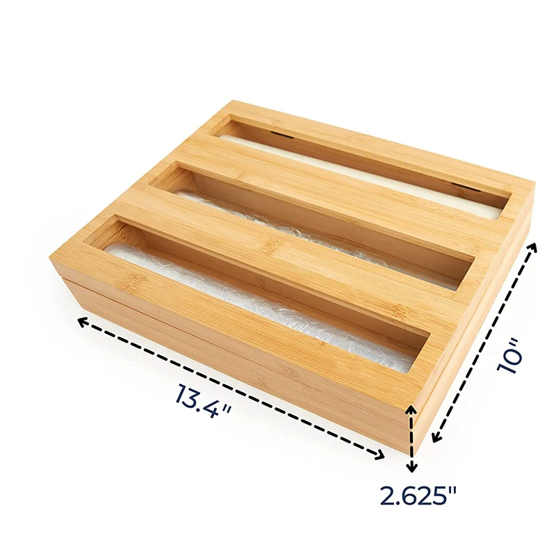 3 in 1 cling film Wrap Dispenser with Cutter Bamboo Foil Wax Paper Organizer and Dispenser for Kitchen Drawer