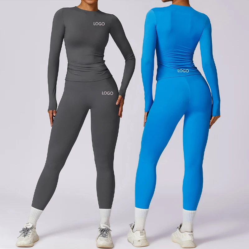 XW-TZ8575-1 Workout Sets for Women 2 Pieces Long Sleeve Tops Breathable High Waist Leggings Fitness Yoga Wear Gym Female Sets