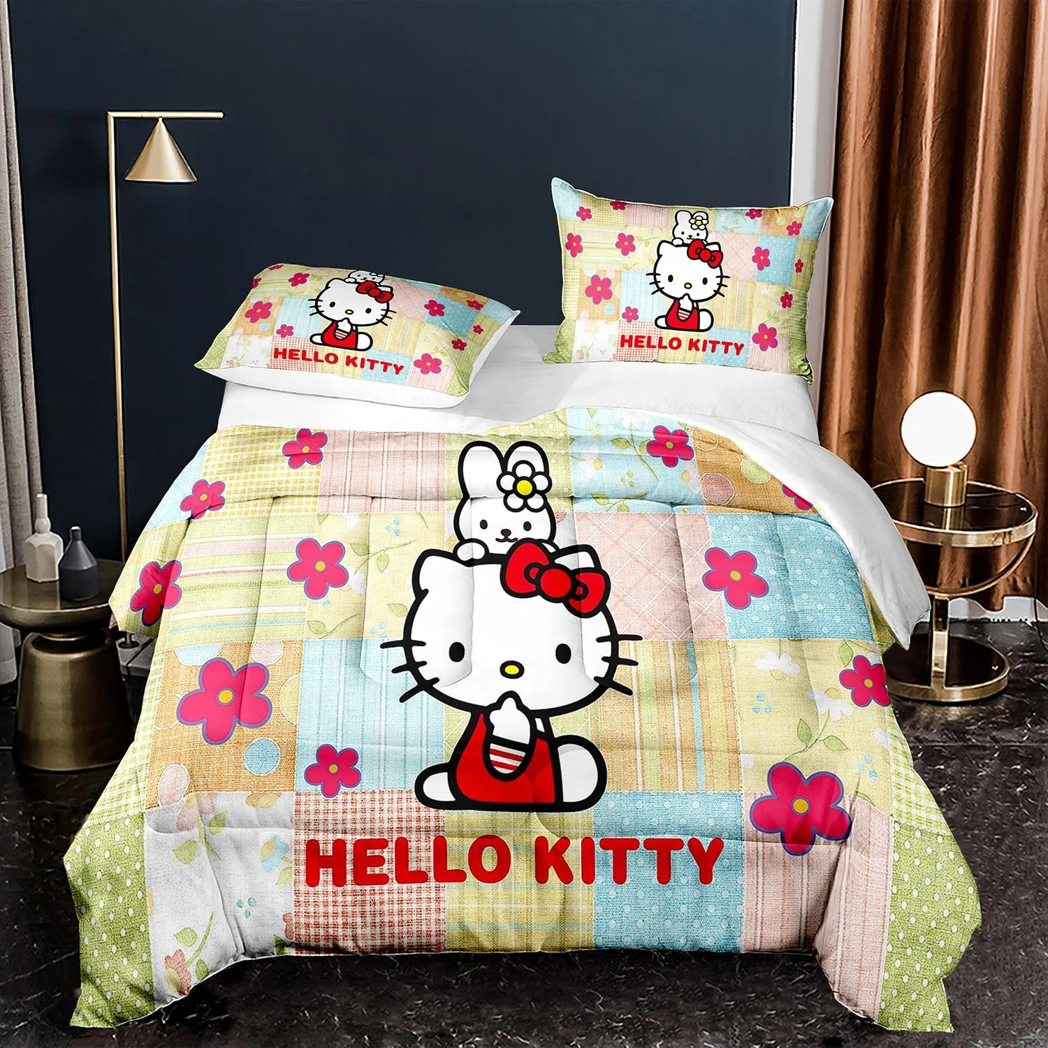 
HOT Sale hello kitty cartoon 3d printed quilt set 3 pieces quilt set children 