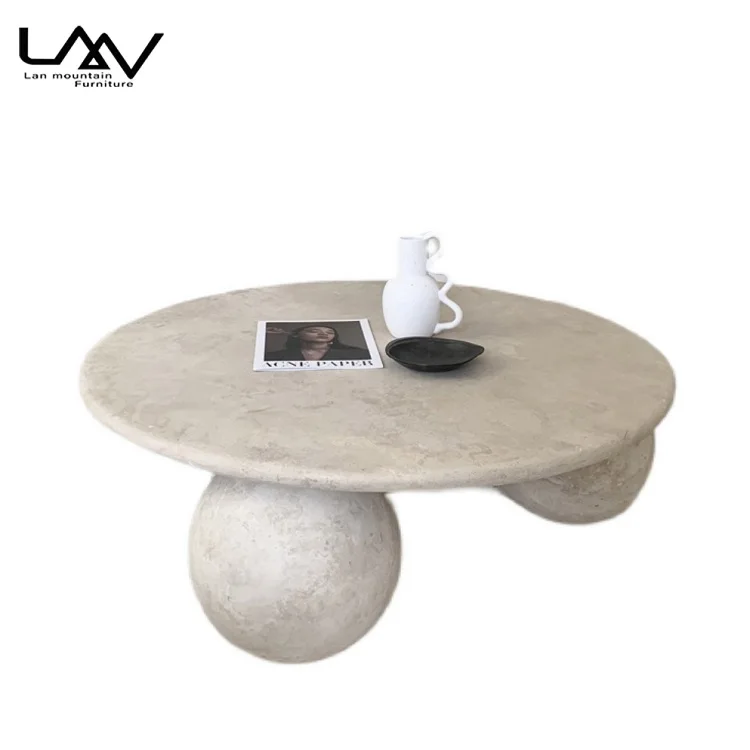 Nordic Designer Style Travertine Round Coffee Table Villa Living room Sphere Shape Leg Natural Stone Coffee Table