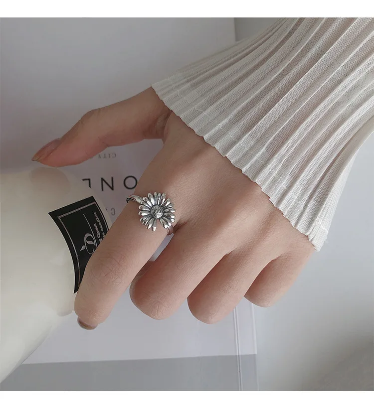 925 sterling silver Daisy ring vintage fashion Korean instagram red Sun flower opening ring index finger ring