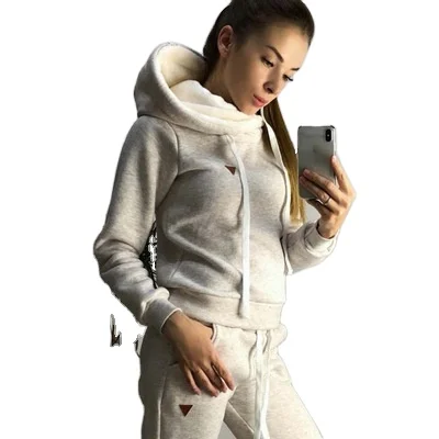 QJX winter casual women sweatsuit set tracksuit comfy fleece jogging hooded two pieces sport set