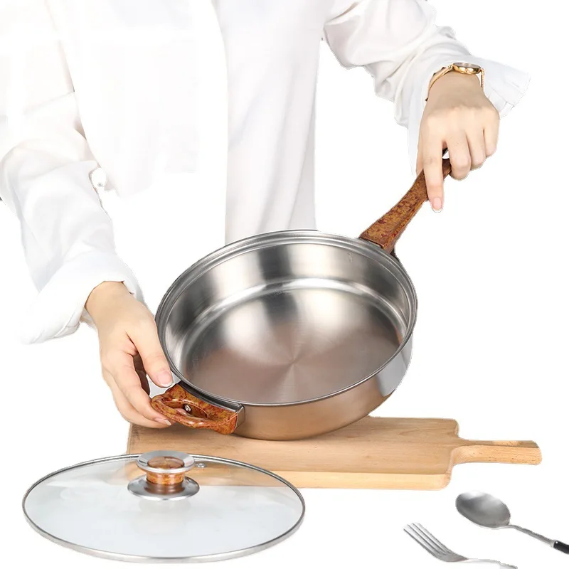 12-Piece Stainless Steel Set Wood Grain Handle Pot Set Multi-function Soup Milk Pot Kettle Frying Pan Cookware Set