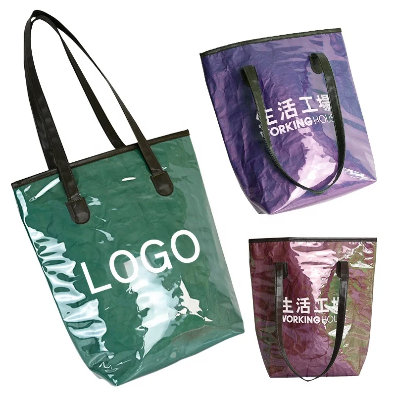 Custom Printed Logo Mini Transparent Plastic Clear Beach Shoulder Women Ecobag Pvc Shopping Tote Bag With Leather Handle Zipper