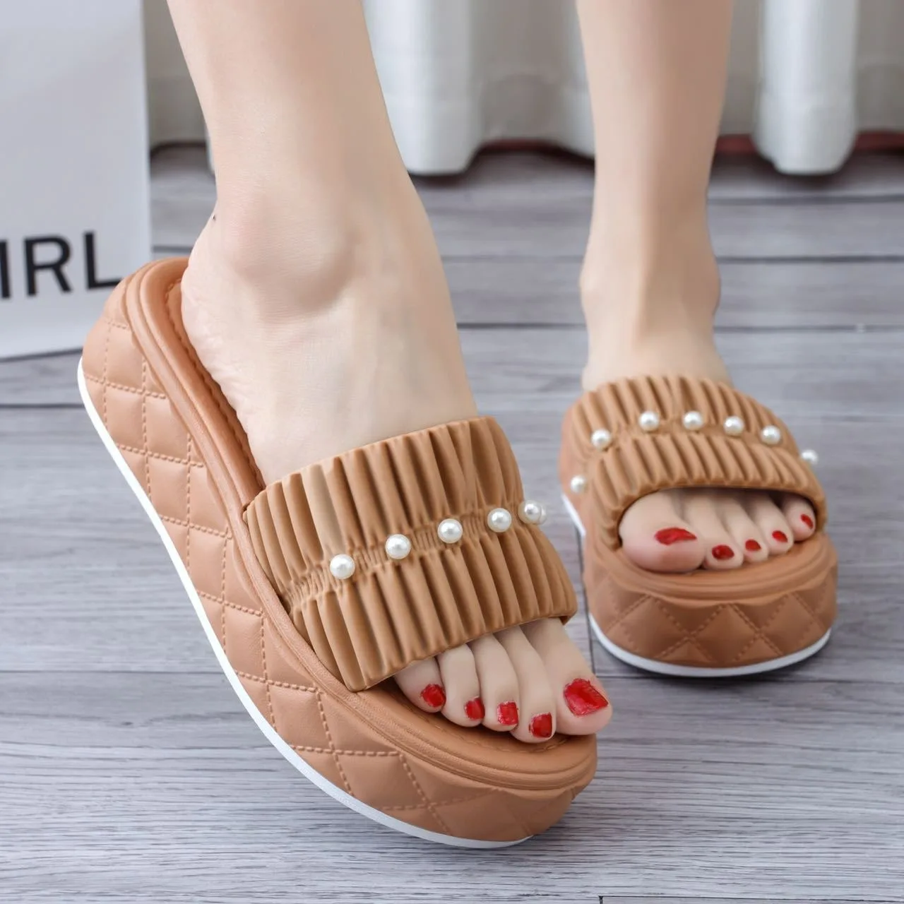 Fashion latest simple beach pcu custom outdoor platform slippers design print soft 2024 for women