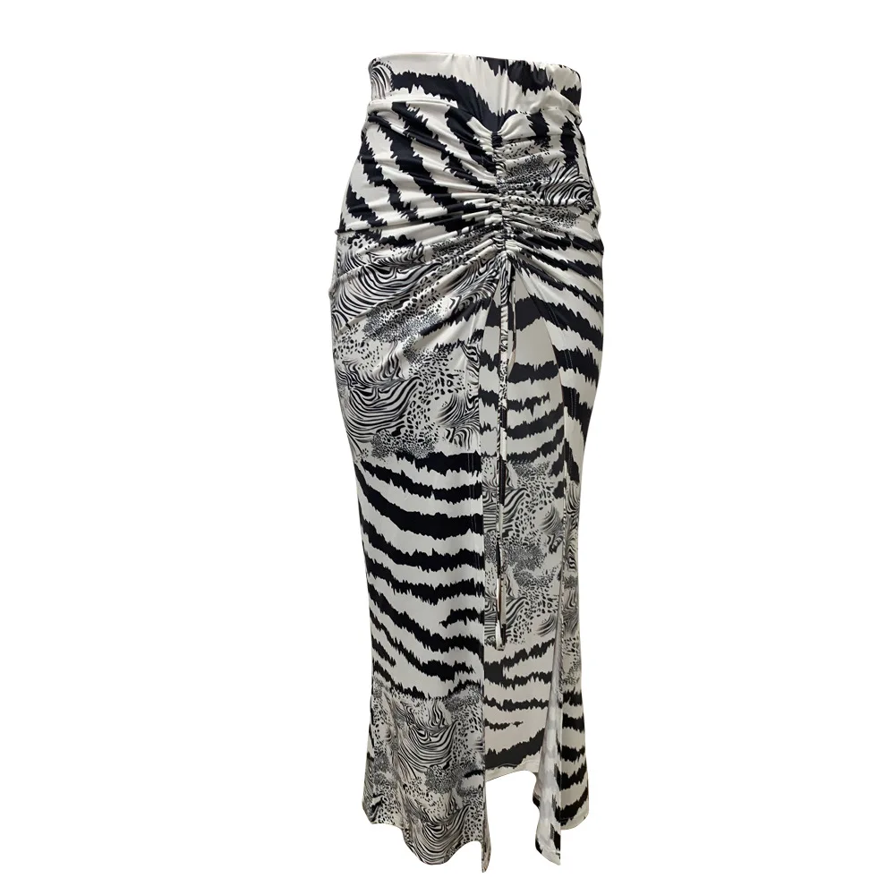 Summer New Style Print Contrast Color Pleated Long Skirt With Sexy High Split