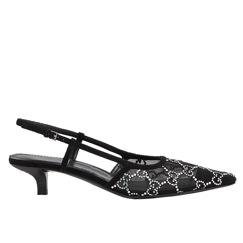 2024 Spring/summer new sexy square mesh hot water diamond and square heel sandal lady