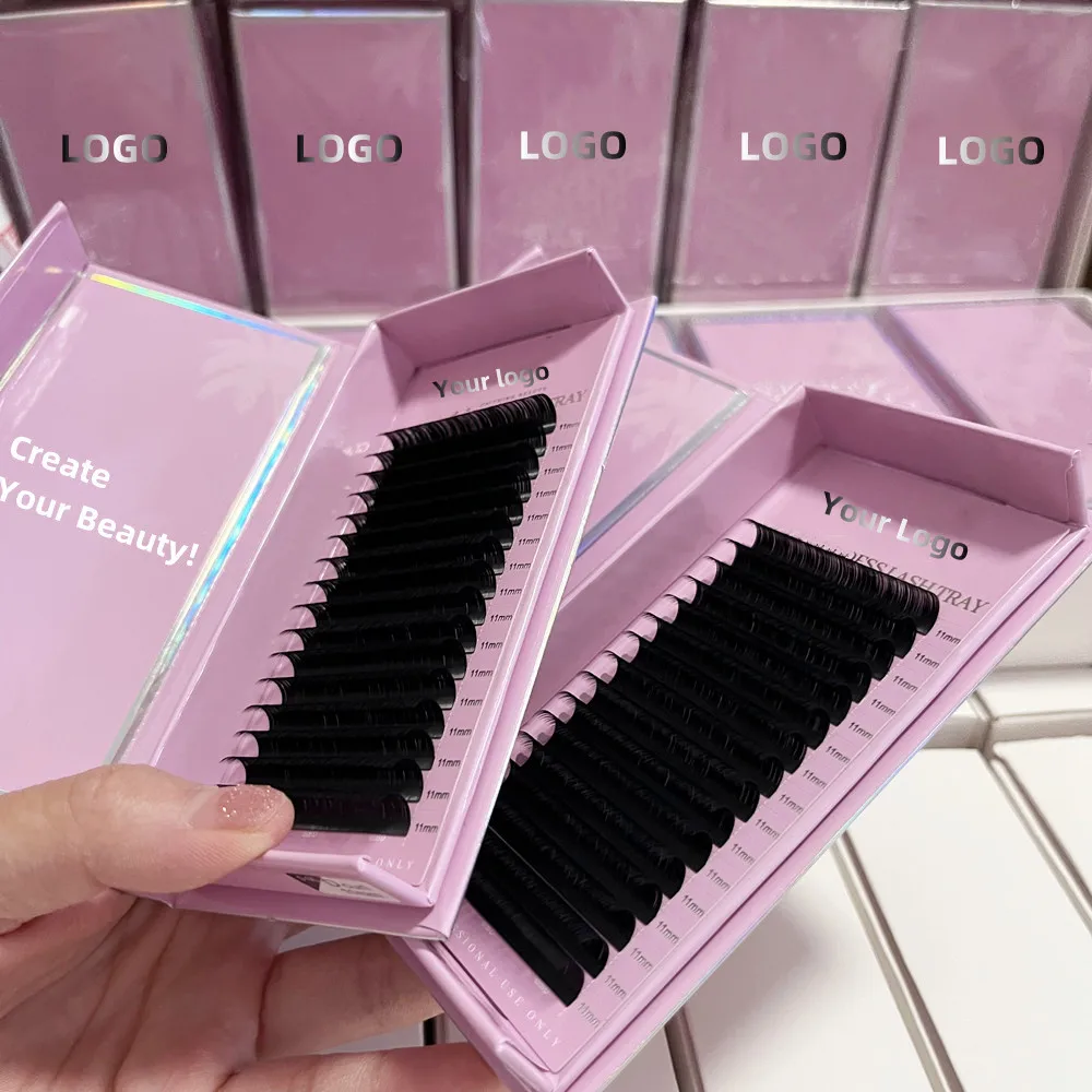 Private Label logo Soft Russian Volume Eyelash Extension Trays Wholesale Dark Matte Black Silk Mink Cashmere Eye Lash Extension