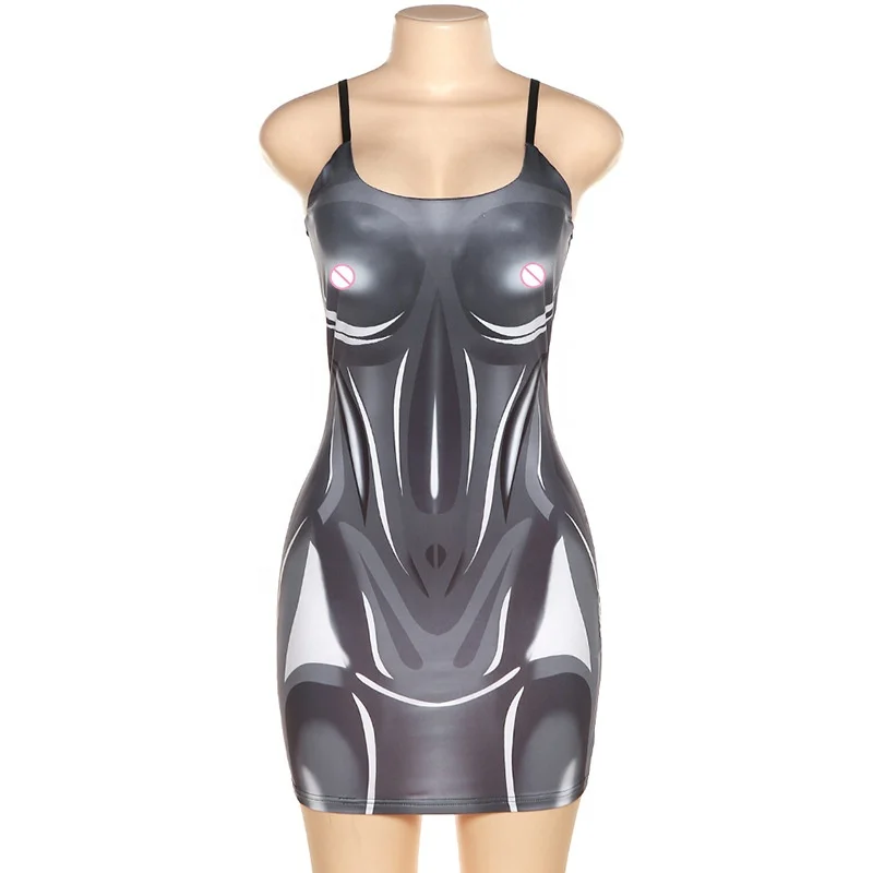 2022 New Trendy 3D Body Print Slip Dress Women Clubwear Sleeveless Strap Skinny Slim Fit Sexy Mini Dresses