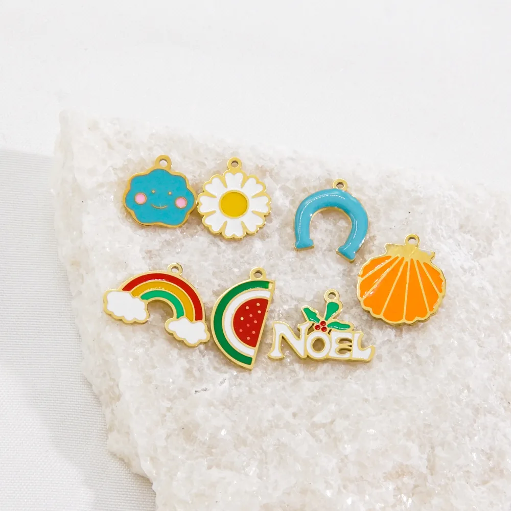 Stainless steel Enamel Drip Oil Watermelon Rainbow Pendant Colorful Flower Smile Cloud U Noel Christmas Charms DIY Gift