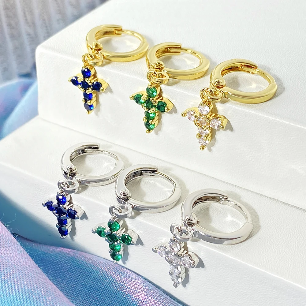 Wholesale price dangle drop cross earrings 18k gold plated huggies hoop women earrings jewelry
