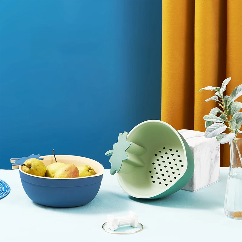 Strawberry Shape Non Slip Double Layer PP Plastic Kitchen Vegetable Fruit Drain Basket