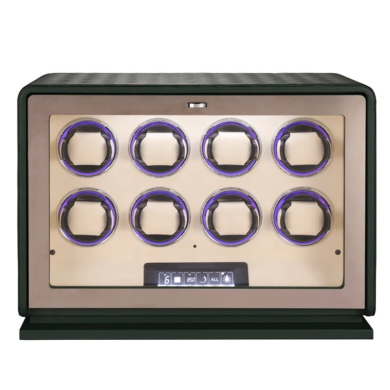 2024 Special Green Genuine Vegan Leather 2 3 4 6 8 12 Slots Wooden Watch Safe Winder Box with LCD Touchscreen and LED RGB Light