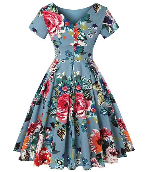 Hot Sale Custom Summer Women Retro Vintage Floral Print Short Sleeve Boat Neck Swing Casual Dress