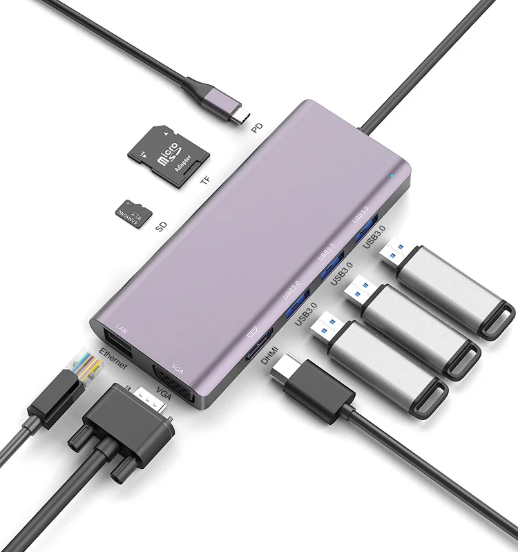 China Manufacturer OEM Custom Extension 3 USB 3.0 Port USB Hub 9 in 1 Type C Docking Station with card reader PD HD-MI LAN VGA