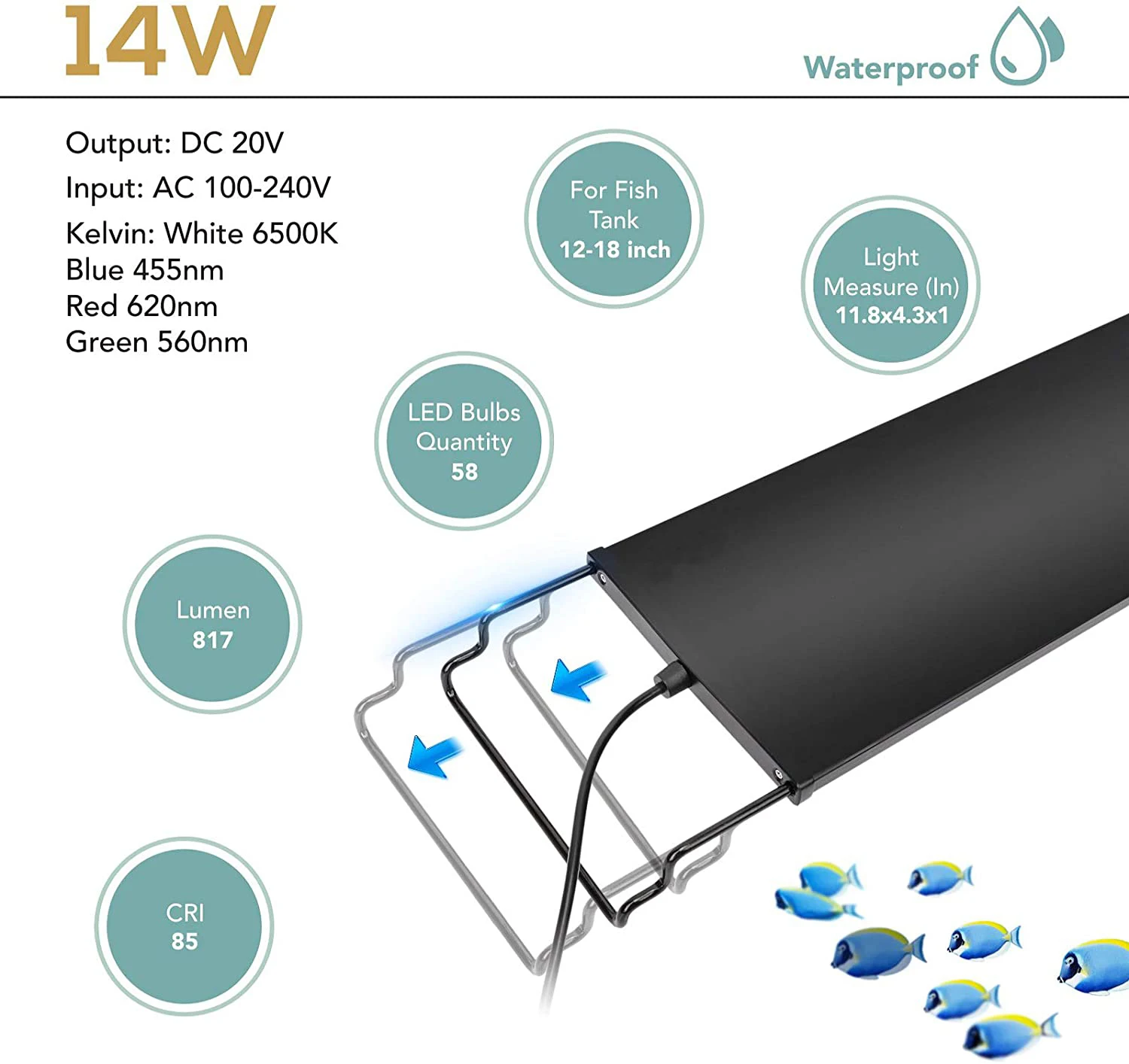 Fullgain OEM Adjustable Timer Brightness Fish Tank Light with Extendable Bracket 7 Colors LED Aquarium Light For Planted Tank