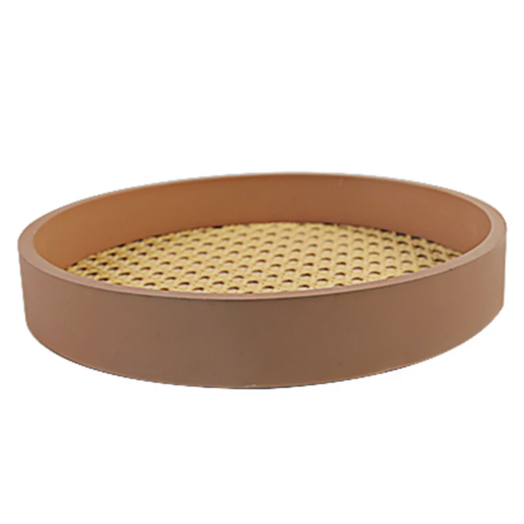 Manufacture Wholesale Rustic Wood Breakfast Serving Organizing wooden round rattan tray for Coffee Table