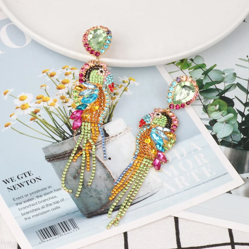 personalized luxury hanging tassel pendant long jewelry diamond claw chain colored bird parrot earrings stud for women