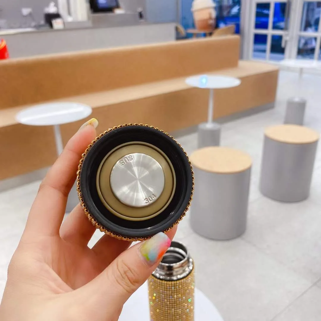 500ml Fashion Rhinestone Diamond Crystal Stainless Steel Water Bottle Flask Mug Smart Temperature Display Lid Gift Cup women