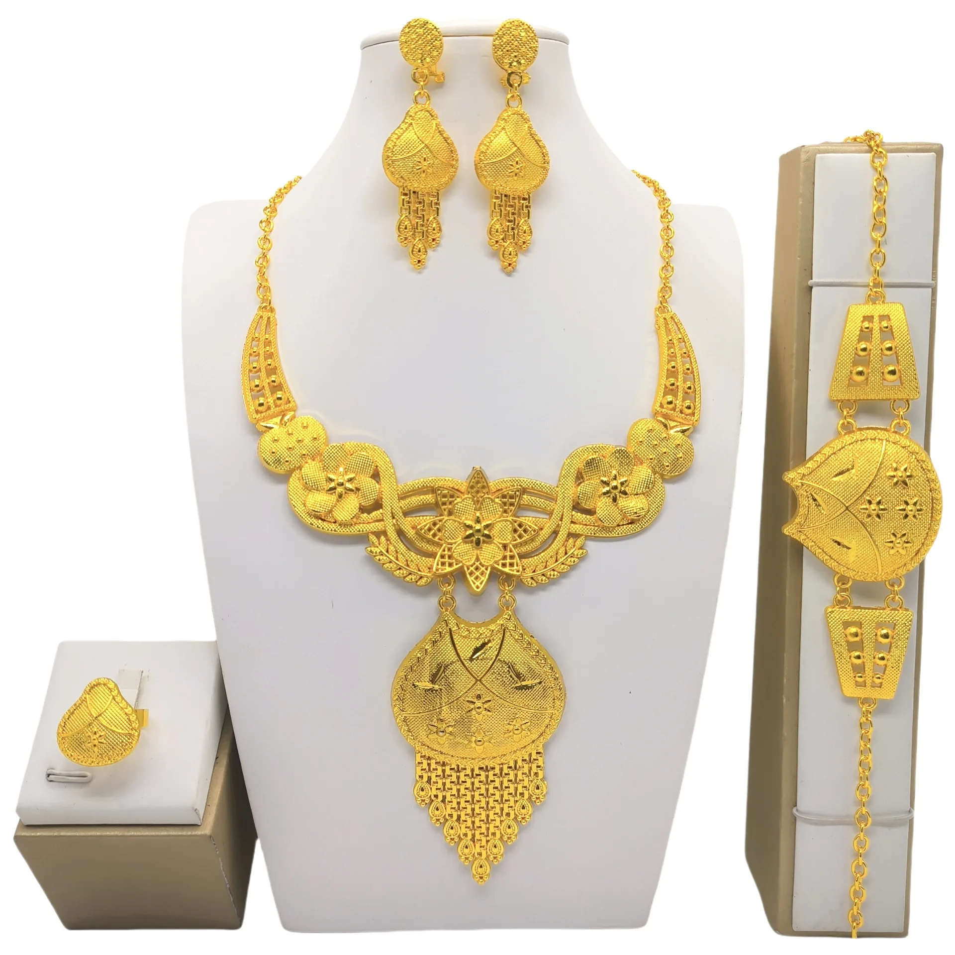 24K Gold Plated Jewelry Set Dubai Women Necklace Bracelet Earrings Ring Middle East Wedding Fashion Jewelry Sets